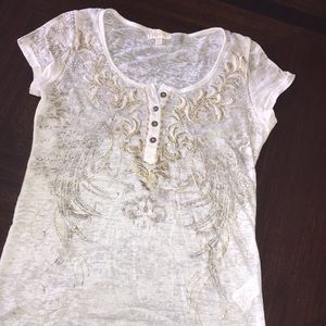 Miss Me white gold scroll feathers burn out T shirt